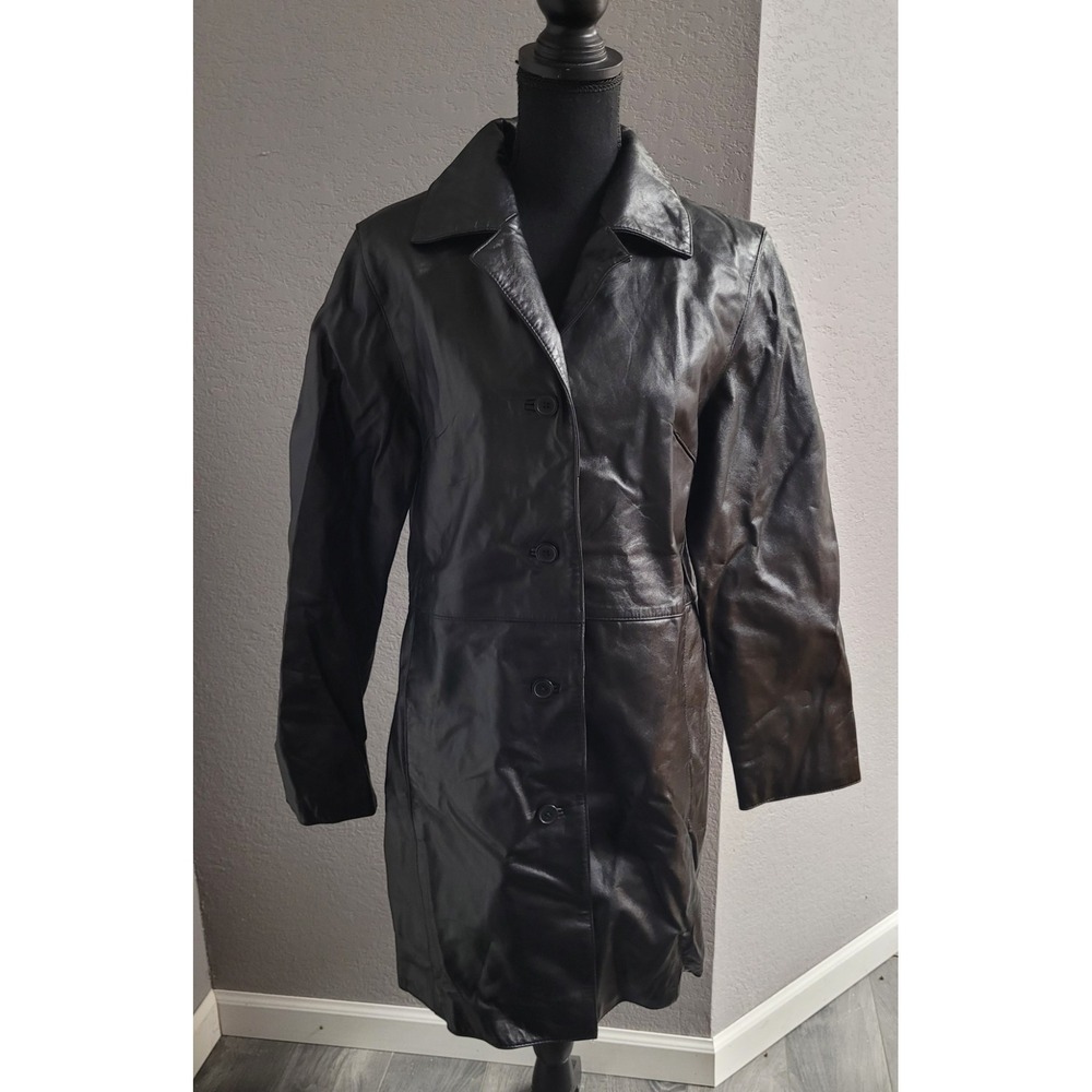 New York Classics Women's Long Sleeve Black Leather Trench Coat Size M